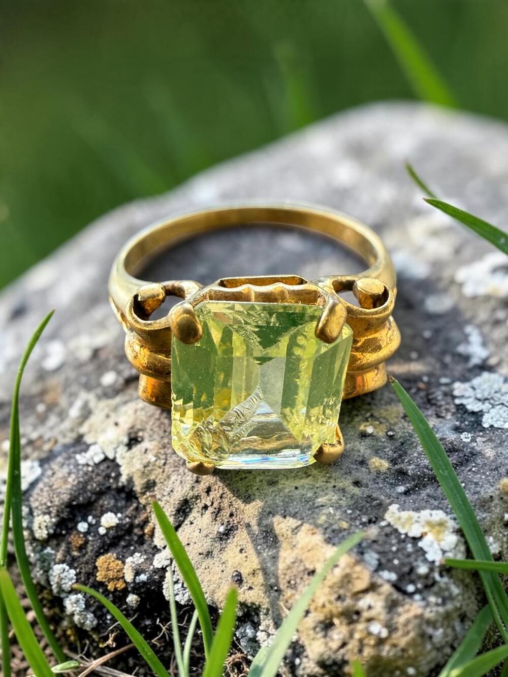 Vintage Gold Filled Square Cut Green Uranium Glass Statement Ring Sculptural Scr